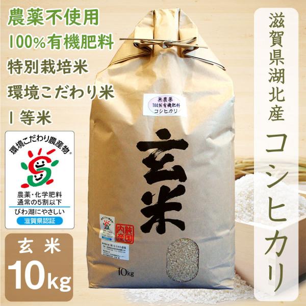 無農薬 コシヒカリ 10kg 令和５年産 玄米 農薬不使用 100％有機肥料 特別栽培米 無化学肥料 滋賀県環境こだわり米