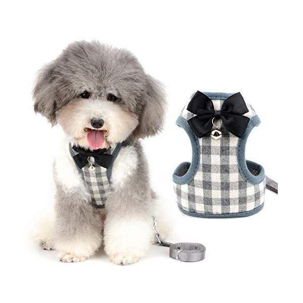 ZUNEA ペット 犬 ハーネス リードセット 小型犬 チェック柄 夏服 おしゃれ 可愛い 蝶結び 胴輪 安全 鈴付き 猫ハ?