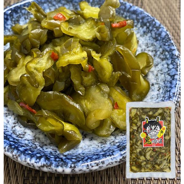 鬼の目に涙」名前の由来は、「鬼も涙するほど辛い」とう意味。その名の通りすごく辛い！赤唐辛子の最初にガツンとくる辛さ、青南蛮の、後からジワーッとくる辛さ！そして岩手県産の胡瓜の旨味が、辛さの中にも旨味がある。細かく刻んであるあるので開封してか...