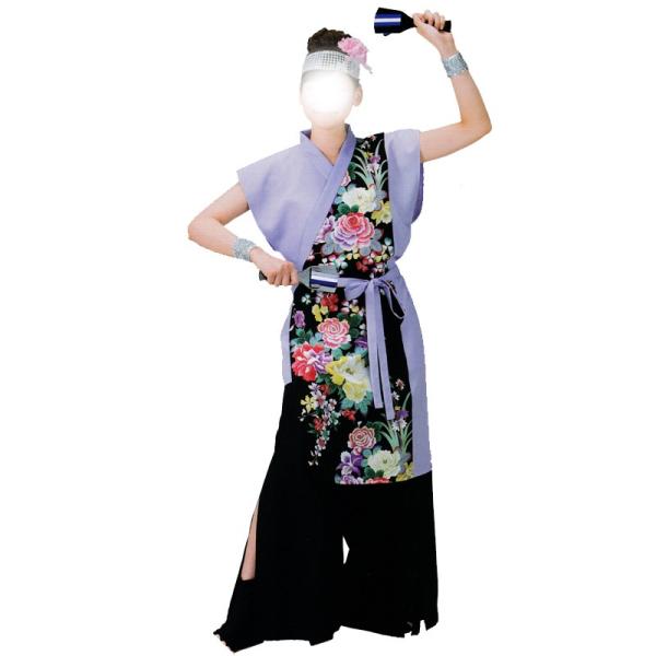 よさこい衣裳 袖なし打ち合わせ上衣 紫 黒 花柄 C60067