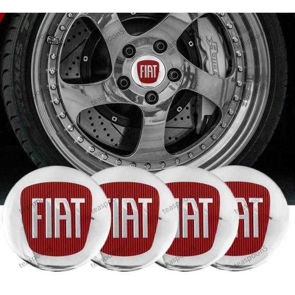 フィアット FIAT ステッカー ホイールキャップシール エンブレムロゴ センターバッジ グロッシーシルバーレッド 56mm 4枚