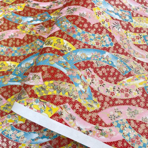 華やかな友禅和紙 赤の麻の葉紋様に短冊 大判 約63ｘ93cm 千代紙