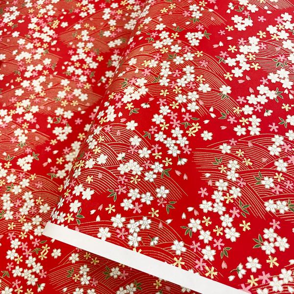 友禅和紙 華やか 金の波に桜ちらし 緋赤 大判 約63ｘ93cm 千代紙