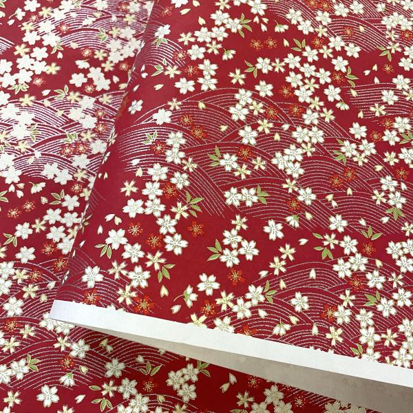 友禅和紙 華やか 銀の波に桜ちらし 紅赤 大判 菊判 約63ｘ93cm 千代紙