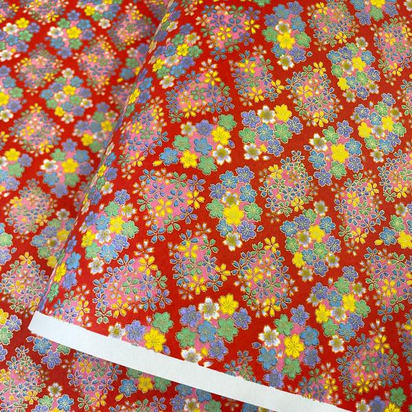 華やかな友禅紙 赤地に可愛い桜を菱型に並べて 大判 約63ｘ95cm