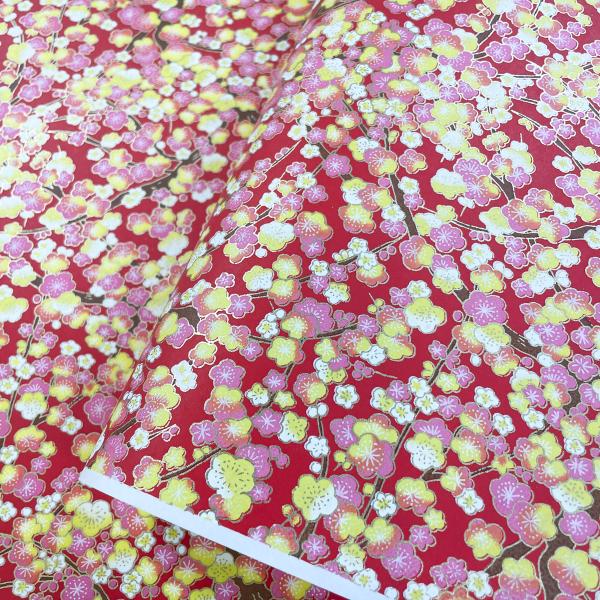 友禅和紙 ピンクと黄色の梅の花 赤地 可愛い 菊判 約63ｘ93cm 千代紙