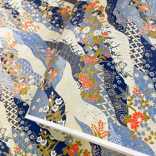 友禅和紙 華やか 切り継ぎ模様に秋の草花 桔梗 菊 小花 青 大判 約63ｘ95cm 千代紙