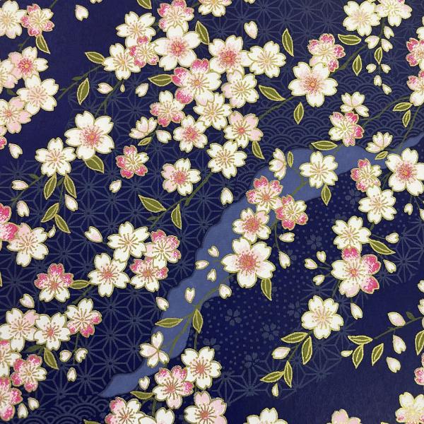 友禅和紙 華やか 紺色地に桜ちらし 切り継ぎ風 青 大判 菊判 約63ｘ93cm
