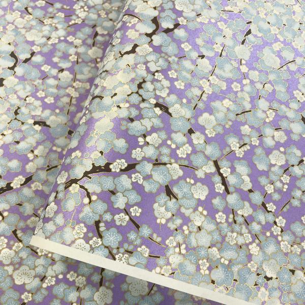 友禅和紙 水色 ブルーの梅の木 藤色地 華やか 菊判 約63ｘ93cm 千代紙