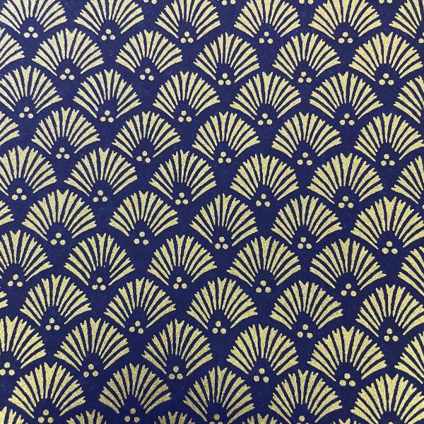 金色が華やかな加賀友禅 和紙 松葉紋様 青 紺 大判 約63ｘ93cm