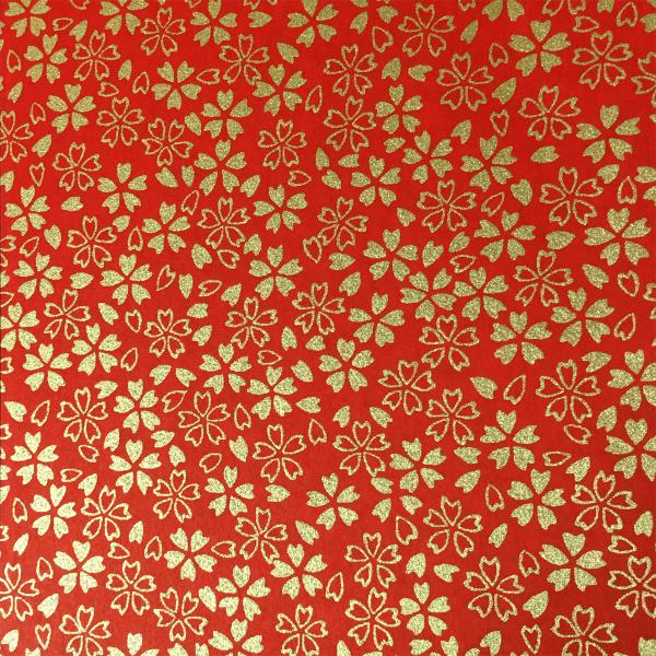 金色が華やかな加賀友禅 和紙 桜柄 桜ちらし 赤地 大判 菊判 約63ｘ93cm
