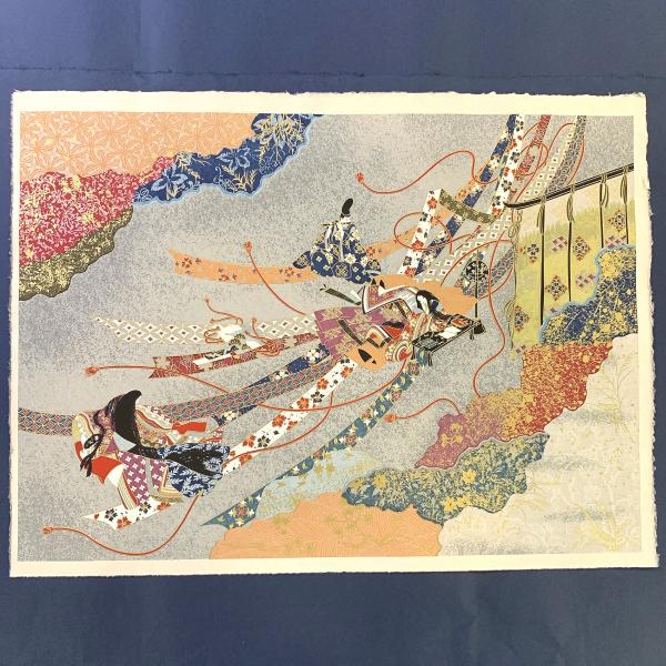 豪華 総柄和紙 特上友禅 切り継ぎ絵巻 ブルー 小判 49cm x 65cm 手漉和紙