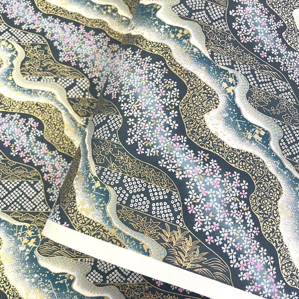 華やかな友禅和紙 切り継ぎ風に桜ちらし 鹿の子 紅葉 深緑 青緑 菊判 大判 約63ｘ93cm