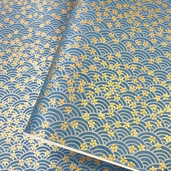 友禅和紙 水色の青海波に金の利休梅 上品 大判 約63ｘ93 cm 千代紙