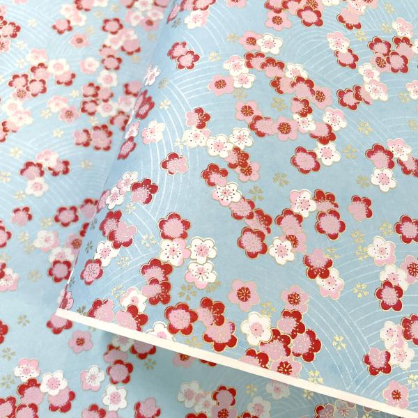 友禅和紙 青海波にピンクの梅 水色 ブルー 菊判 大判 約63ｘ93cm 千代紙