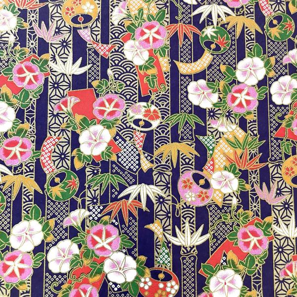 友禅和紙 風鈴と朝顔 竹 紫 紺 菊判 大判 約63ｘ93cm 千代紙