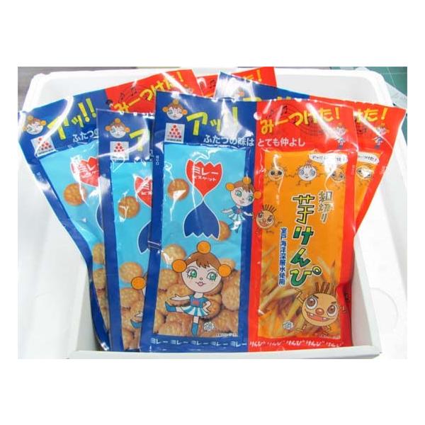 アッ！！みーつけた！ミレーとケンピペアパック5個進物用箱入り 人気のミレーとケンピのペアパック5個入りです。内容量他： 50g+50g×5個 （進物用箱入り）賞味期限： 12ヶ月