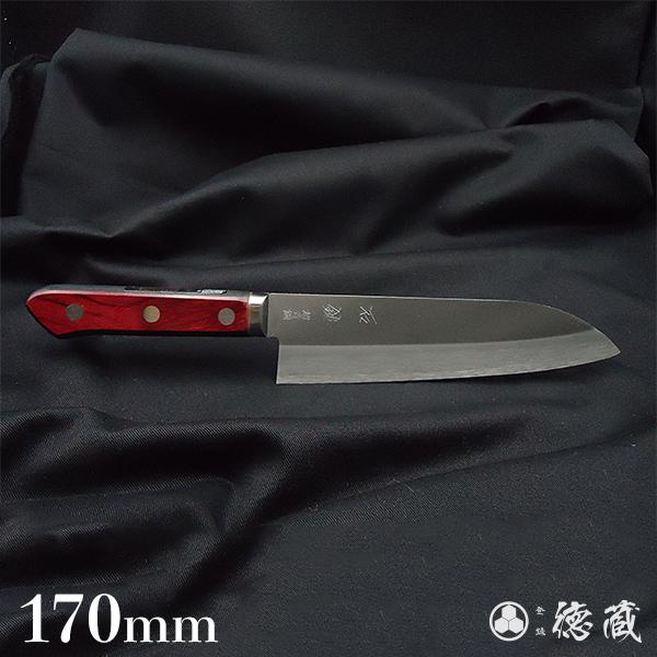 三徳ハイブリッド割込包丁 170mm 両刃 青紙スーパー 積層材 赤黒色