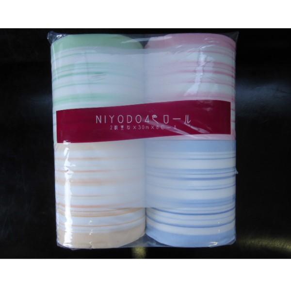 NIYODO4色8ロール(ストライプ)を1ケース丸ごと！/ 1ケース32ロール（114mm×2枚重ね　30m×8トール×4袋）/まとめ買い/和光製紙/パルプ100％で作られています。 仁淀川伏流水を使ったふんわりやわらかなロール。