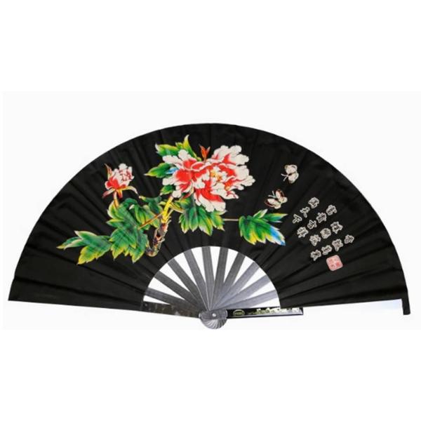 太極拳・カンフー 功夫 武闘 鉄扇子 軽量安価型 鉄扇 牡丹柄 黒色 専用袋別売重量約390g、片方の柄の長さ34cm色:黒、青、赤の3色中国大陸製の軽量型安価品双龍柄振りかざして開くと、扇子を開く快適な音が出ます。 <br>※...