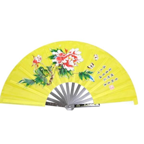 太極拳・カンフー 功夫 武闘 鉄扇子 軽量安価型 鉄扇 牡丹柄 黄色 専用袋別売重量約390g、片方の柄の長さ34cm中国大陸製の軽量型安価品双龍柄振りかざして開くと、扇子を開く快適な音が出ます。 <br>※こちらの安価品は、作...