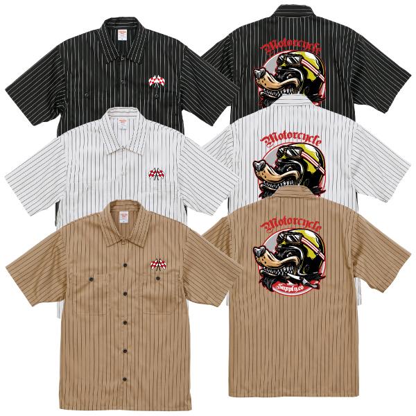 ウルフMotorcycle Supply ストライプワークシャツ 半袖 チェッカー