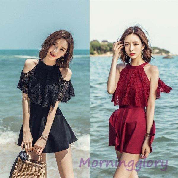 Qoo10 水着レディース 体型カバー 水着 ワンピース型 サロペット水着 レース背中出し 小胸バンドゥ 韓国風