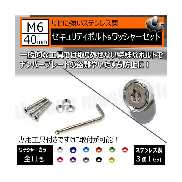 セキュリティーボルト ワッシャー M6 40mm 3個セット ステンレス製 専用工具 付 全11色 ナンバープレート ロック 盗難 いたずら 防犯  バイク