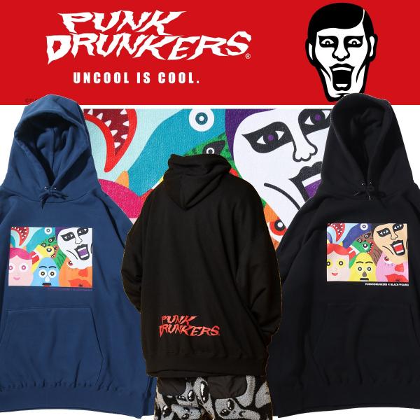 希少 パンクドランカーズ パーカー プルオーバー ブラック ビッグプリント PUNK DRUNKERS PUNKDRUNKERS x BLACK PEARLS 集合BIGパーカ