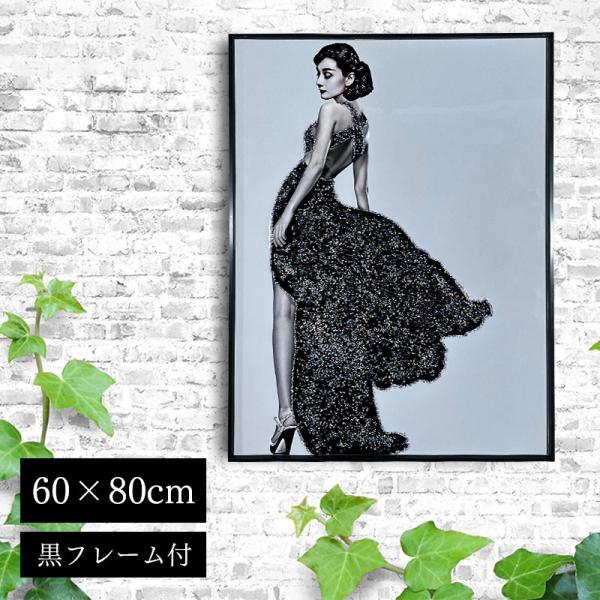 水晶パネル アートパネル 水晶絵 60×80cm 黒フレーム付き 偉人 オードリー・ヘプバーン 人物 クリスタル 絵 イラスト おしゃれ 高級感 モダン KH479B