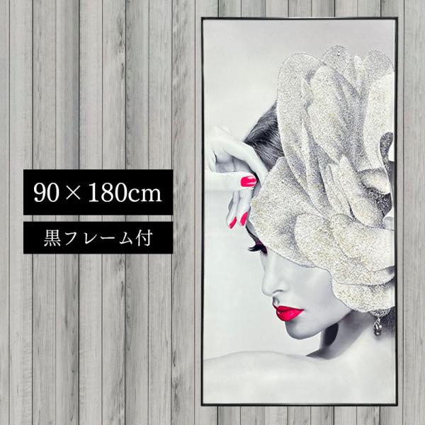 水晶パネル アートパネル 水晶絵 90×180cm 黒フレーム付き 女性 ビッグサイズ 人物 クリスタル 絵 イラスト おしゃれ 高級感 モダン KH482