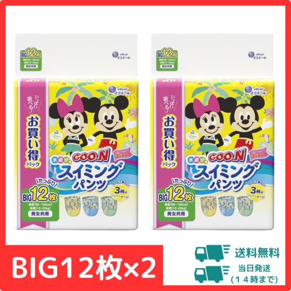 【2個セット】グーン スイミングパンツ BIGサイズ 12枚 男女共用 大王製紙 GOO.N 水遊び用 おむつ ビッグ ディズニー アロハデザイン スイミングスクール プール