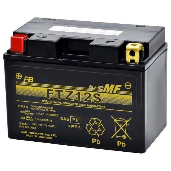 12V制御弁式（VRLA）バッテリー[FTシリーズ]車両側の要求（メンテナンスフリー、小型軽量、高性能。耐振動性能等）の全てを満足するために、フルカワの技術を集結して開発されたバッテリーです。【製品仕様】形式：FTZ12S10時間率容量（A...