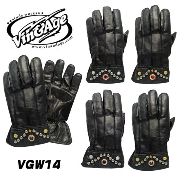 Vin＆Age ヴィンアンドエイジ 冬用 グローブ VGW14 ブラック 裏ボア アウトシーム 牛革 シンサレート ショートガントレット スタッズ 外縫い 防寒 防水