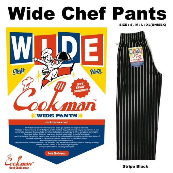 COOKMAN クックマン Wide Chef Pants ワイド シェフパンツ Stripe Black ストライプ ブラック ロング 231-11839