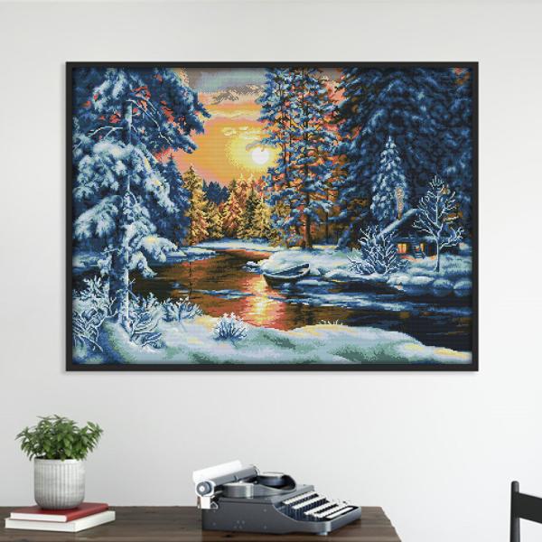 クロスステッチ完成品　winter morning 冬の朝　　風景リスと小屋 クロスステッチ完成品 winter morning 冬の朝 風景リスと小屋