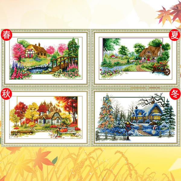 「春夏秋冬 四季の小屋 」春：布サイズ(約)　67ｘ44.9cm　　図柄サイズ(約)　61ｘ38.9cm　　刺繍色数　36色　夏：布サイズ(約)　66ｘ47.1cm　　図柄サイズ(約)　60.1ｘ39.7cm　　刺繍色数　35色　秋：布サイ...