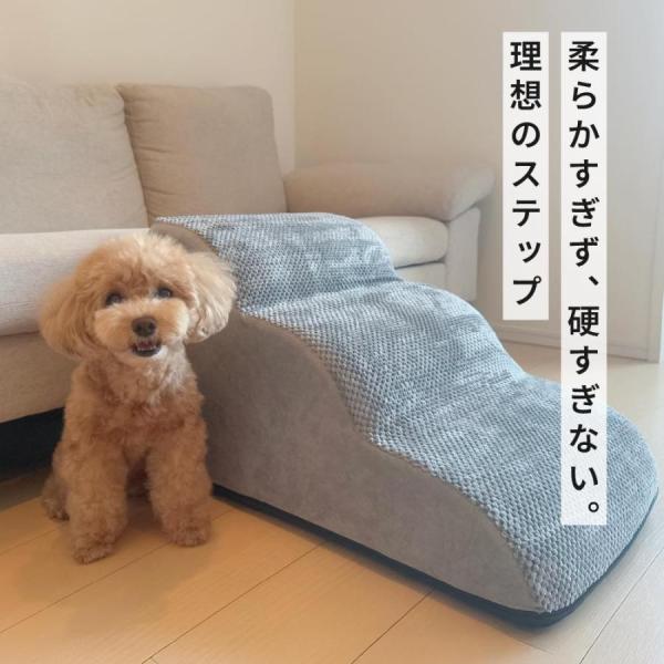 3段ドックステップ 緩やか傾斜タイプ◆ソファやベッドに昇るのが難しい子、飛び降りている子に！足が引っ掛かりにくいように段差に丸みをつけ、ゆるやかに登りやすいタイプです。段差がほとんどなく緩やかになっているので、足の短い子や老猫・老犬にもおす...