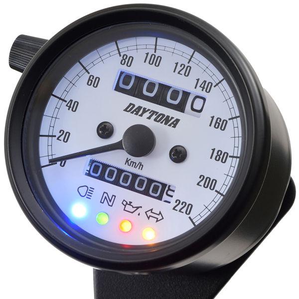 他サイト： デイトナ DAYTONA 15629 機械式スピードメーター（インジケーター付き）φ60 ホワイトLED照明 220km/h ブラックボディ/ホワイトパネルの商品画像