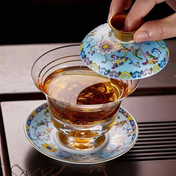 金箔入れ 茶器ガラス蓋碗 135ml 磁器蓋と受け皿付き（花模様）高級