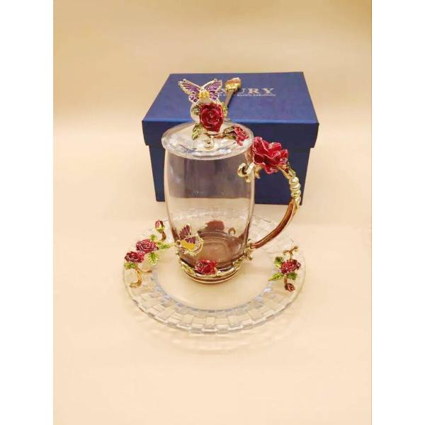 A05131 人気の耐熱ガラス製 洋食器 ティーカップ＆ソーサー 薔薇雑貨