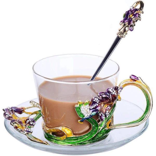 ガラス製ティーコーヒーカップ カップ＆ソーサー1客 花柄 琺瑯質彩カップ 楽天市場】A059329花柄ガラス製 ティーカップ セット．食器