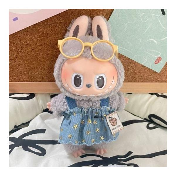 Labubu ラブブぬいぐるみ服 17cm 星柄デニムワンピース黄色縁
