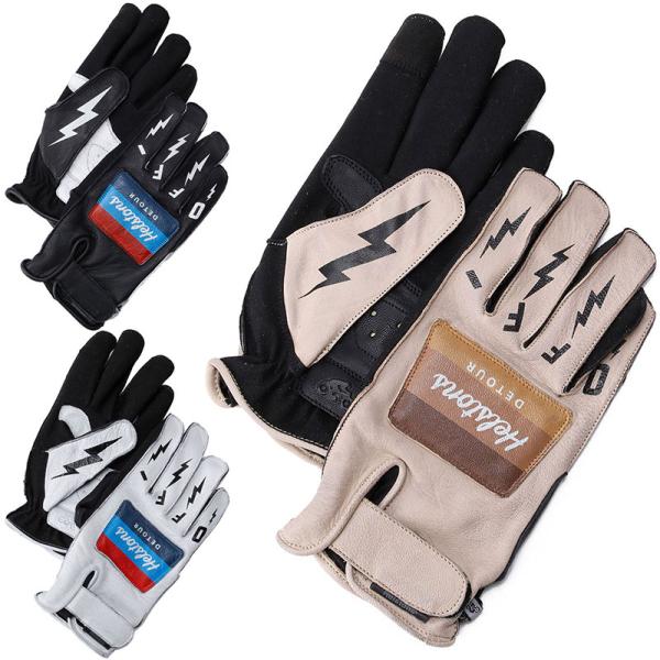 ファブリックとレザーを組み合わせたヘルストングローブ23SSモデル。手のひら側はKEVLAR〓?で補強されています。スマホ対応。手首部はベルクロでしっかり固定できます。