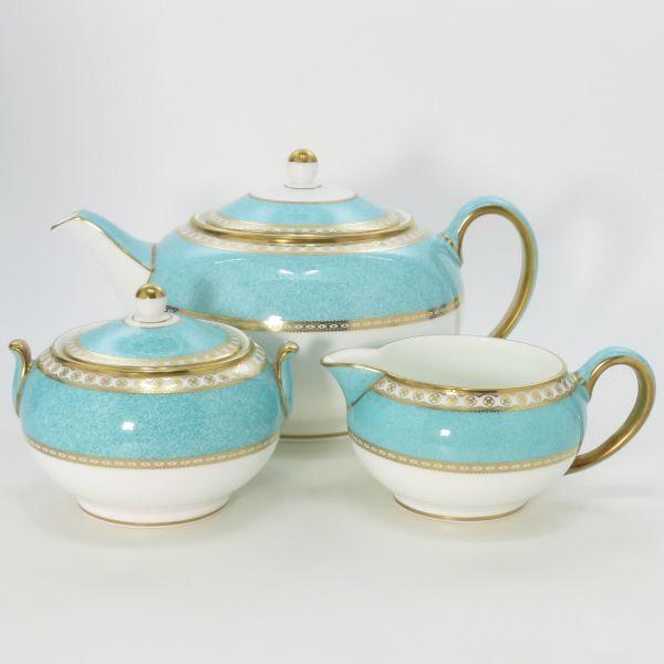 ウェッジウッド セット■ユーランダー パウダーターコイズ ティーポット シュガーポット クリーマー 3点セット WEDGWOOD 金彩 洋食器 1級品