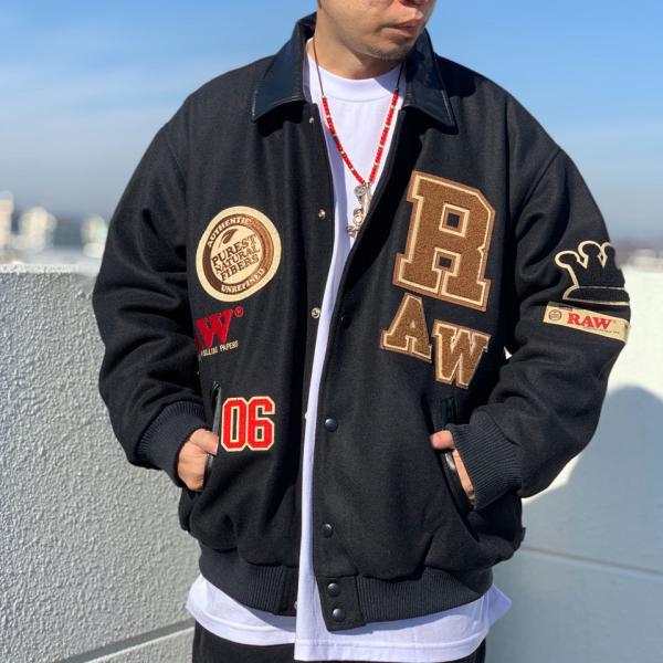 インターブリード INTERBREED スタジャン RAW × INTERBREED RAW Varsity Jacket ロウペーパー コラボ  スタジアムジャケット ブラック 黒 BLACK