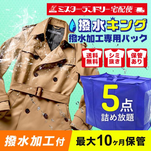 撥水加工に対応した宅配クリーニングパック【撥水キング】5点セット！◆保管あり/最大10ヶ月◆送料無料◆最大5点まで撥水加工（入れた衣類に施します）◆無料シミ抜き/毛玉取り/帯電防止加工/しわ防止・シリコン加工/抗菌加工【高級ドライクリーニン...