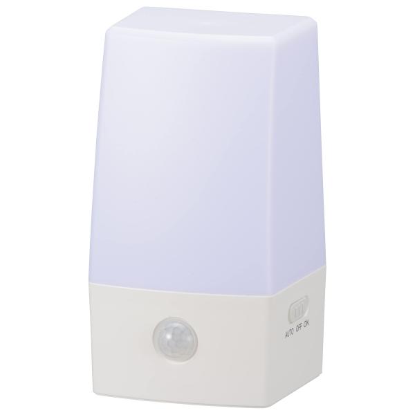 カラー：ホワイトサイズ：210ルーメンスタイル：置き型光源：LED×6個／昼白色人感センサー検知範囲：正面約5m、左右約90°、上下約90°全光束：約210ルーメン点灯保持時間：約10秒切替スイッチ：AUTO・OFF・ON