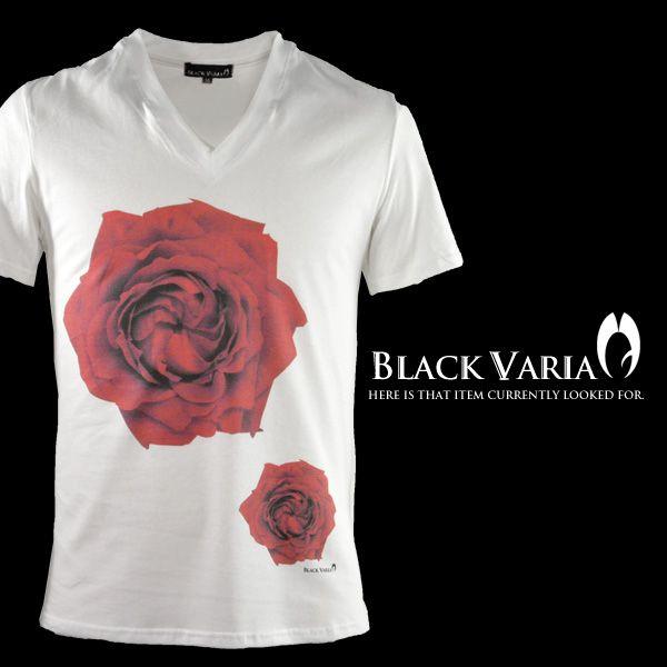 BLACK VARIA（ブラックバリア） Tシャツ 半袖 Vネック バラ柄 薔薇 花