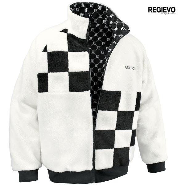 ボアジャケット ビッグシルエット メンズ アウター スタンドカラー チェッカーフラッグ柄 フルジップアップ mens(ホワイト白) 05505 ボアジャケット ビッグシルエット アウター スタンドカラー チェッカー